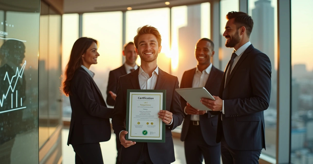 Equipe diversa de profissionais de finanças comemorando conquista de certificação ANBIMA 