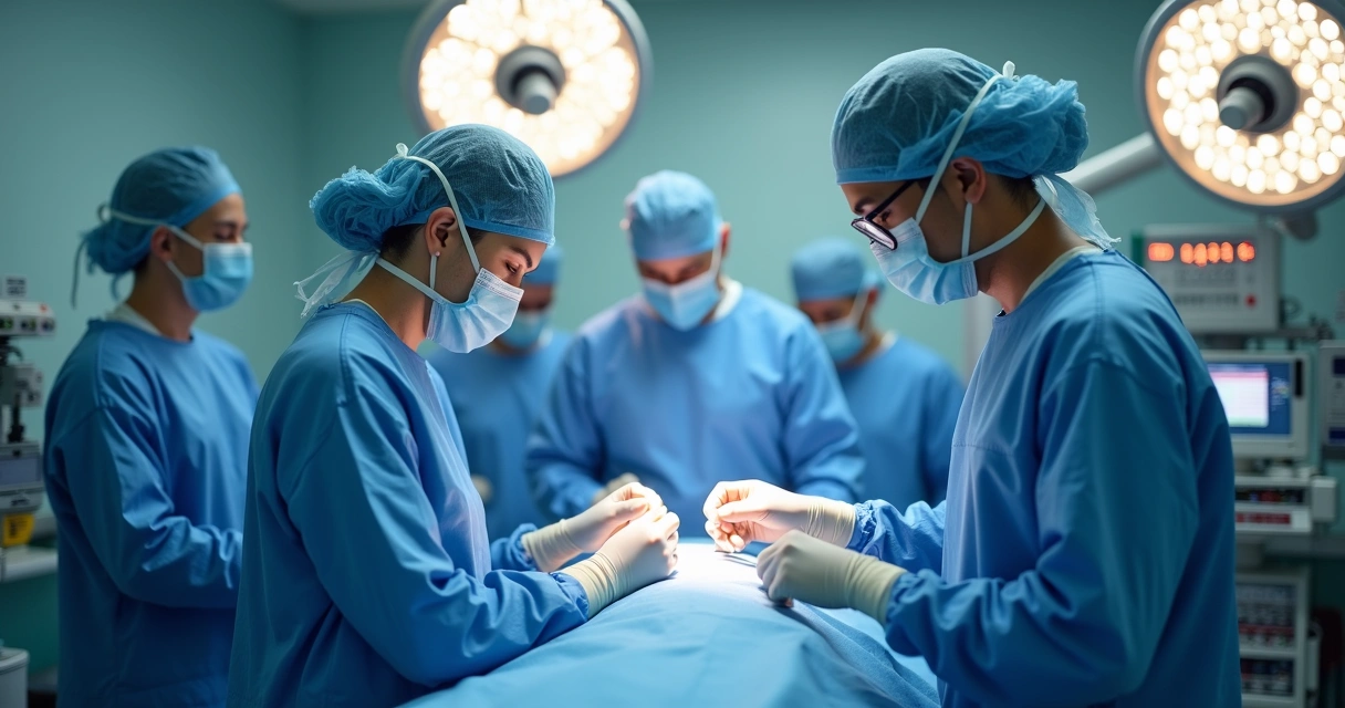 Equipe médica preparando sala de cirurgia, todos focados e bem equipados 