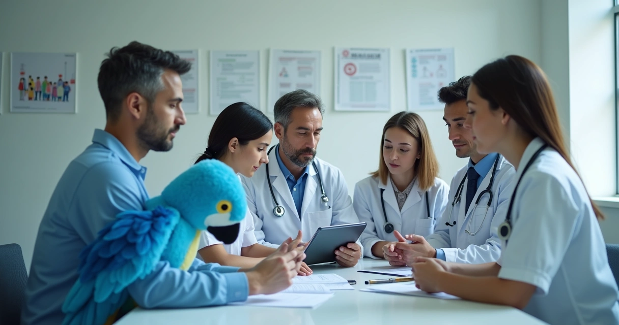 Equipe de profissionais de clínica analisando exames lado a lado 