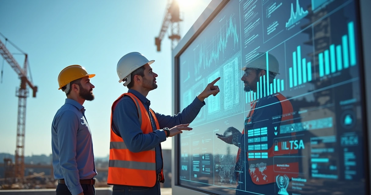 Profissionais da construção civil discutindo projeto com apoio de inteligência artificial em telas digitais no canteiro de obras 