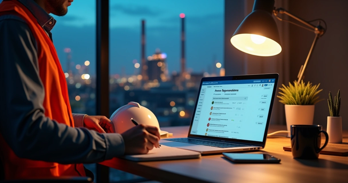 Profissional assistindo curso EAD de NR em notebook com ambiente industrial ao fundo 