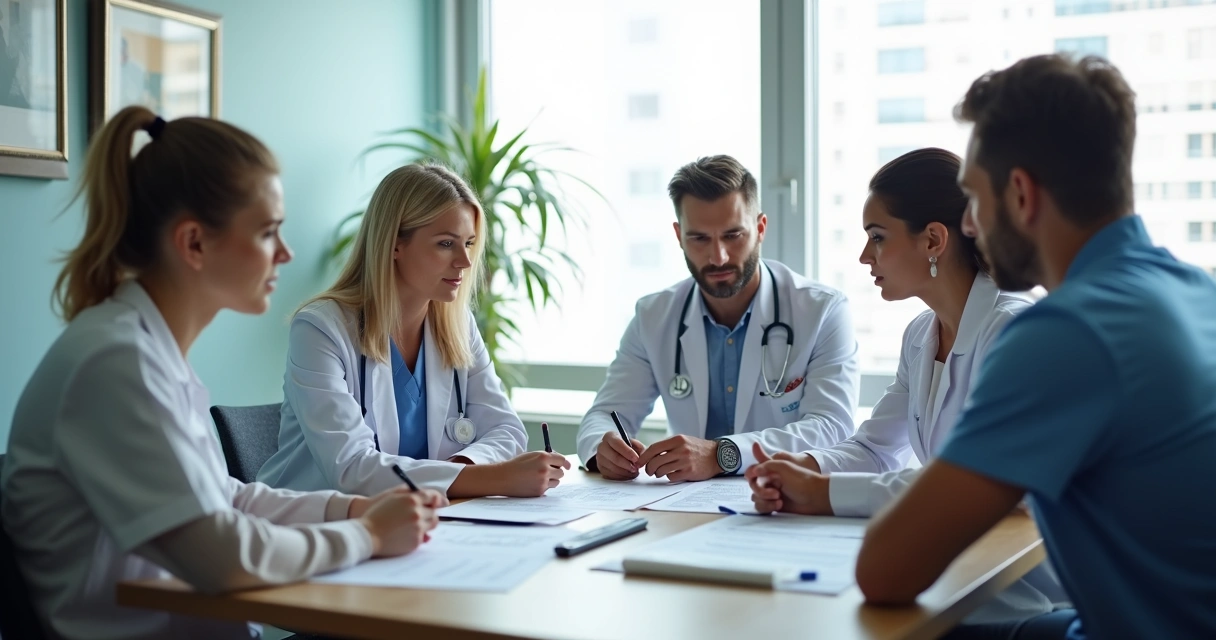Equipe multidisciplinar médica reunida em sala de reunião 
