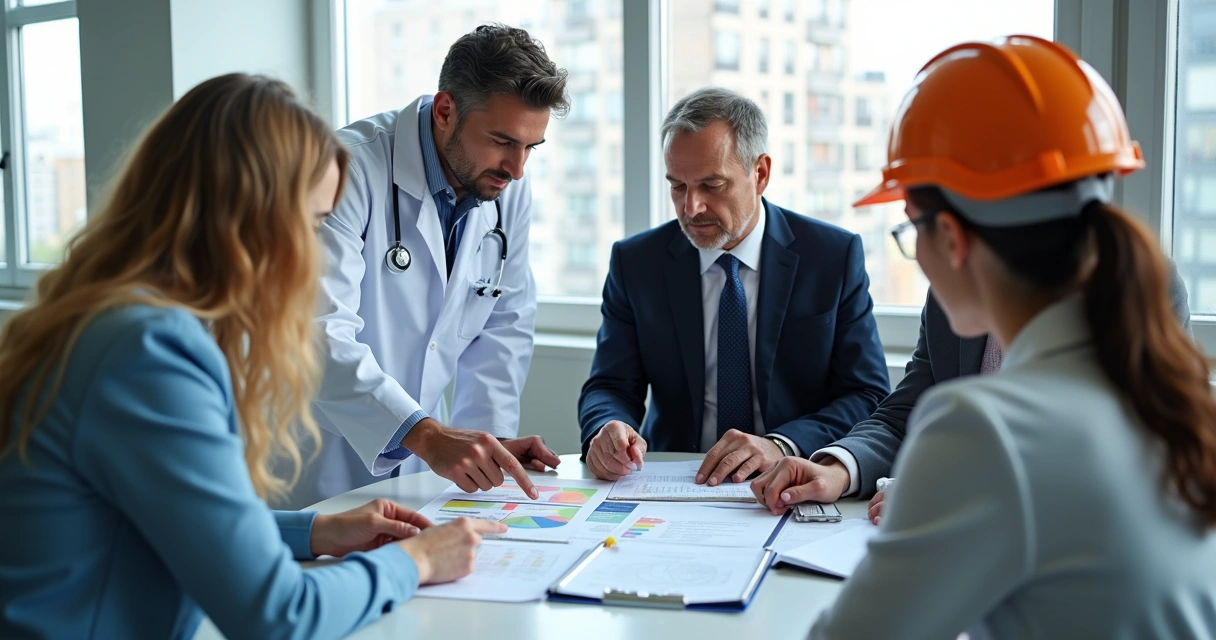 Profissionais diferentes com roupa de trabalho, discutindo apólice