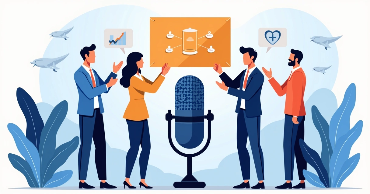 Profissionais de diferentes setores usam o mesmo microfone, comunicando-se juntos