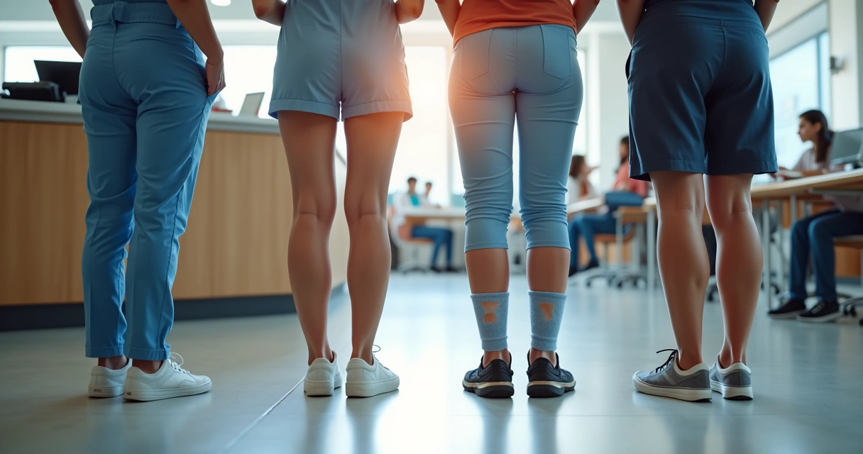 Profissionais em pé lado a lado mostrando pernas cansadas no ambiente de trabalho 