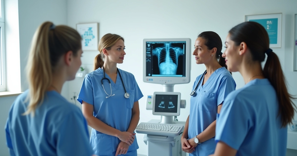 Equipe de enfermagem reunida em setor de radiologia 