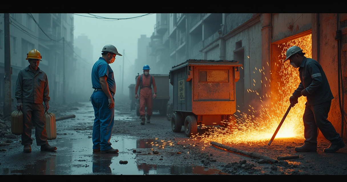 Vários profissionais em diferentes ambientes de trabalho insalubre 