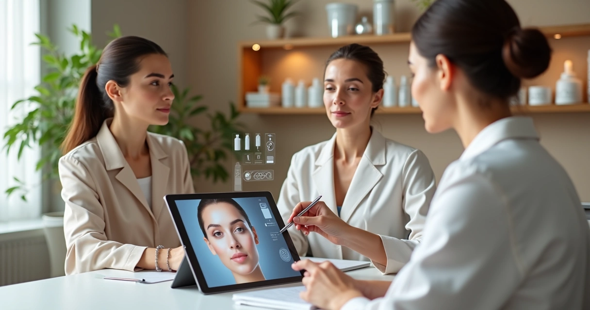 Profissionais avaliando rosto de paciente em tablet com simulação de harmonização facial 
