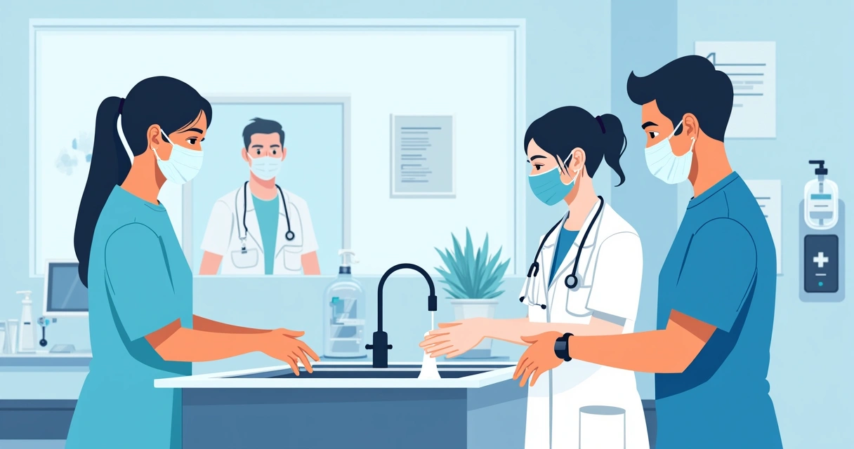 Quando evitar práticas não recomendadas em higiene das mãos 1 Três profissionais de saúde higienizando as mãos em hospital
