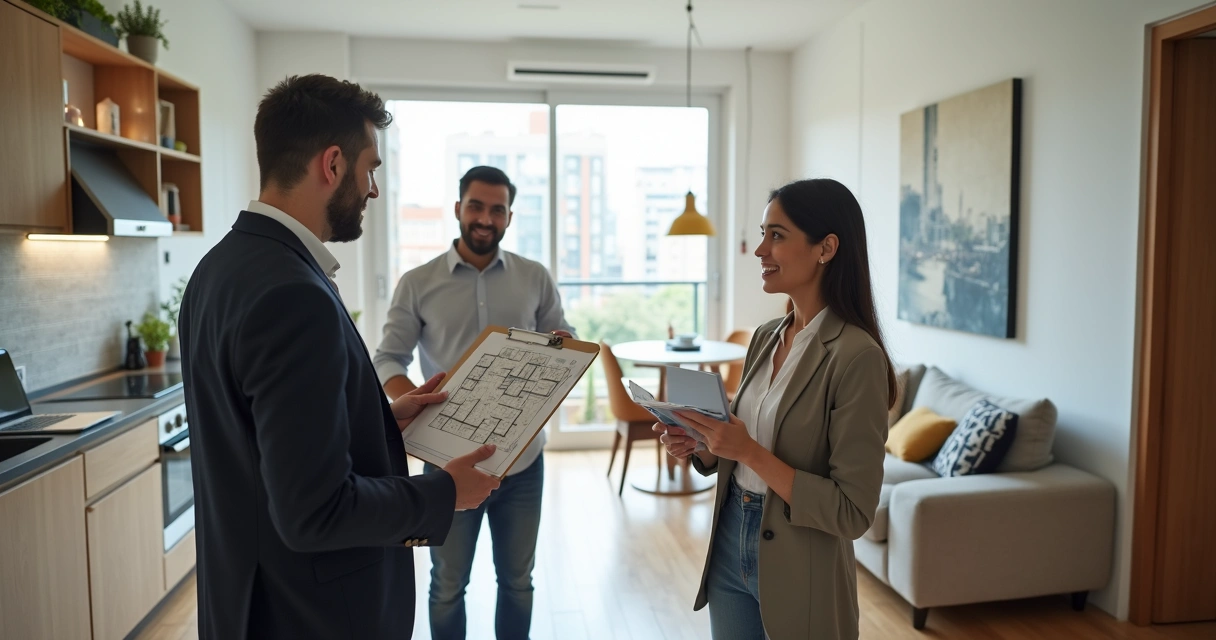 Corretora apresenta planta de imóvel compacto a casal em sala integrada moderna 