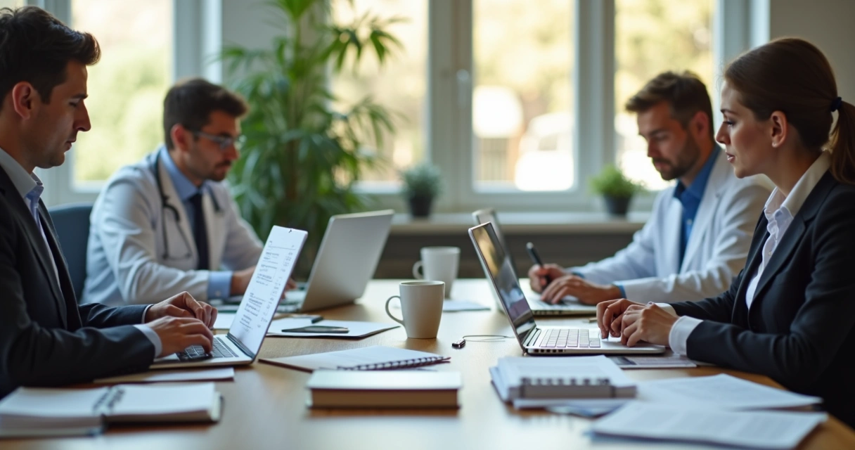 Profissionais liberais trabalhando em ambiente de escritório, usando computadores, papéis e canetas. 