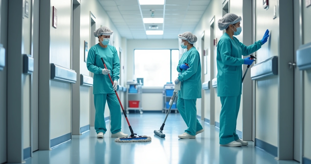 Equipe de profissionais da limpeza em hospital higienizando corredor hospitalar 
