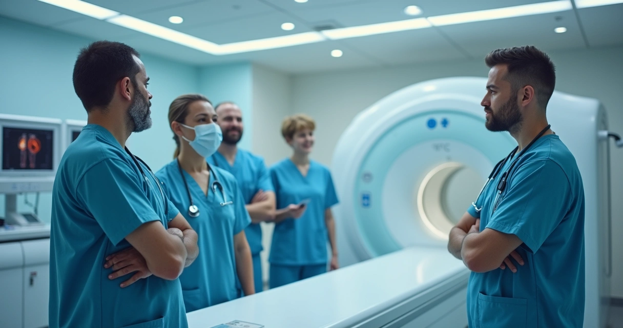 Equipe de medicina nuclear reunida ao lado de aparelho PET-CT 