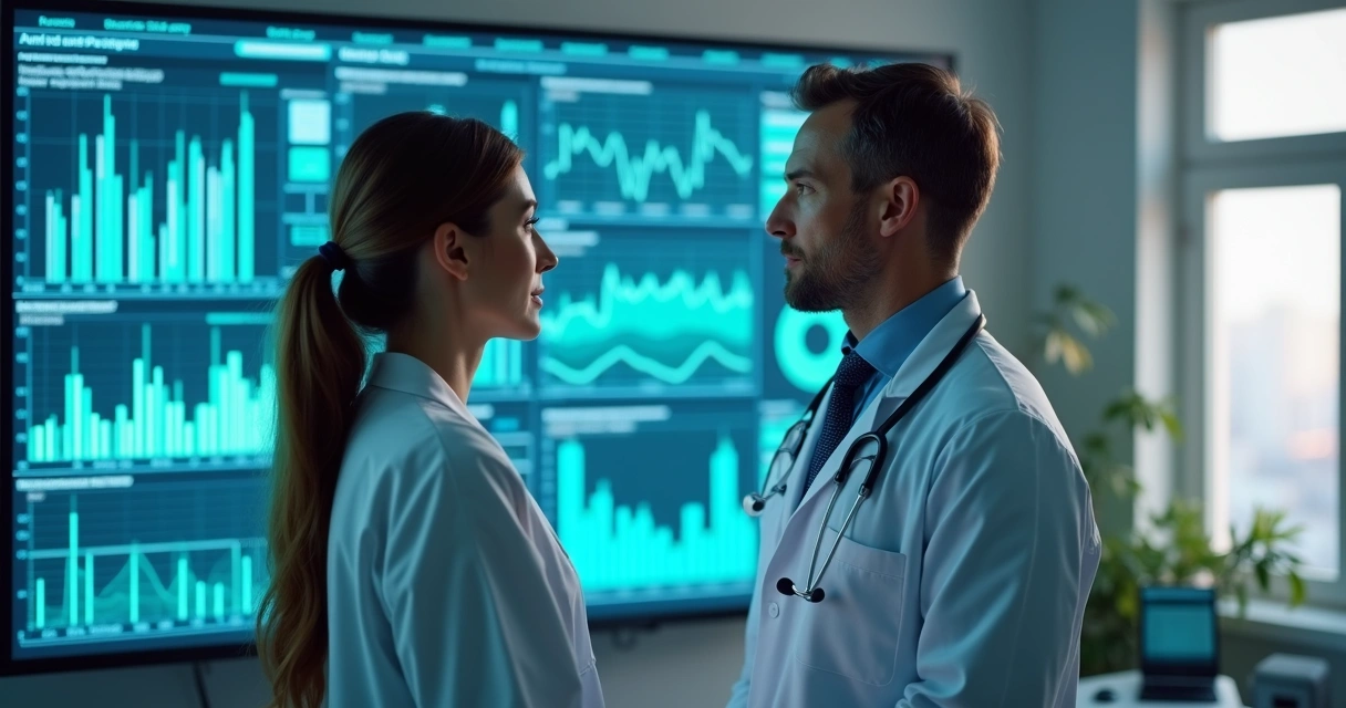 Dois profissionais de saúde analisando gráficos de dados e relatórios em uma tela grande no consultório 