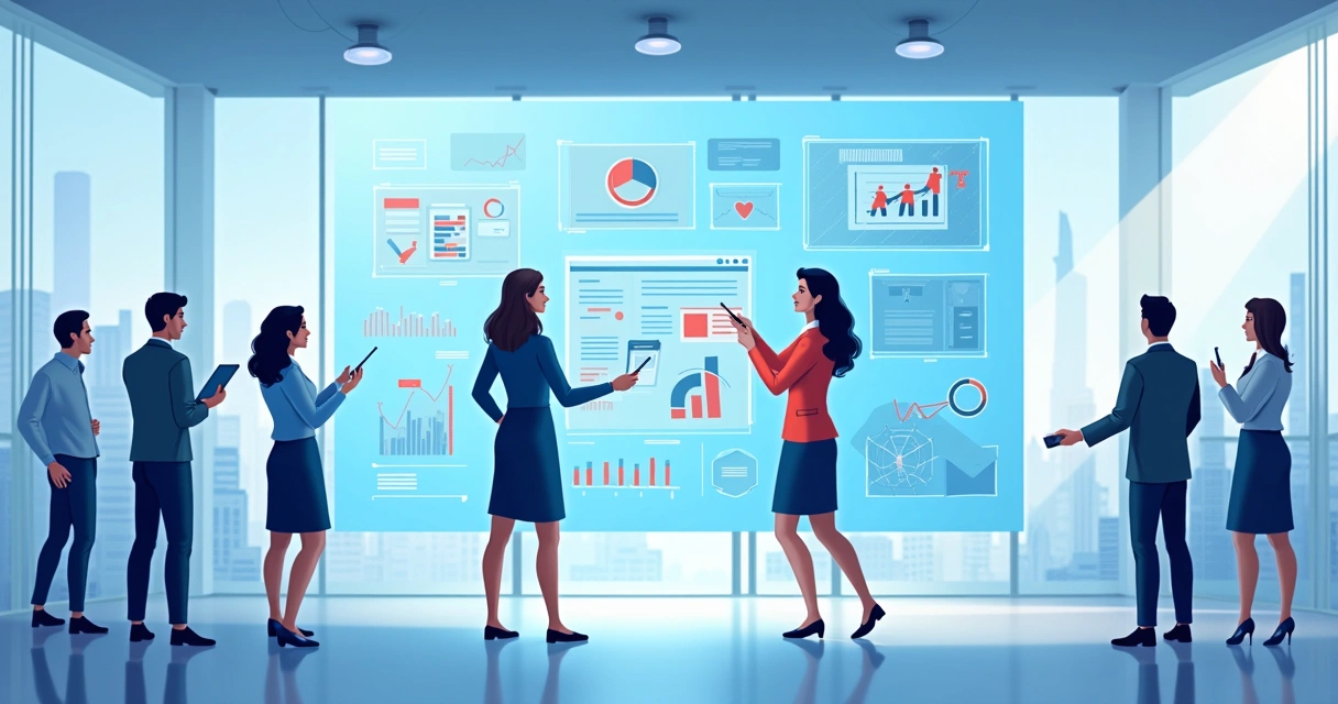 Duas mulheres analisando painel de IA no escritório 