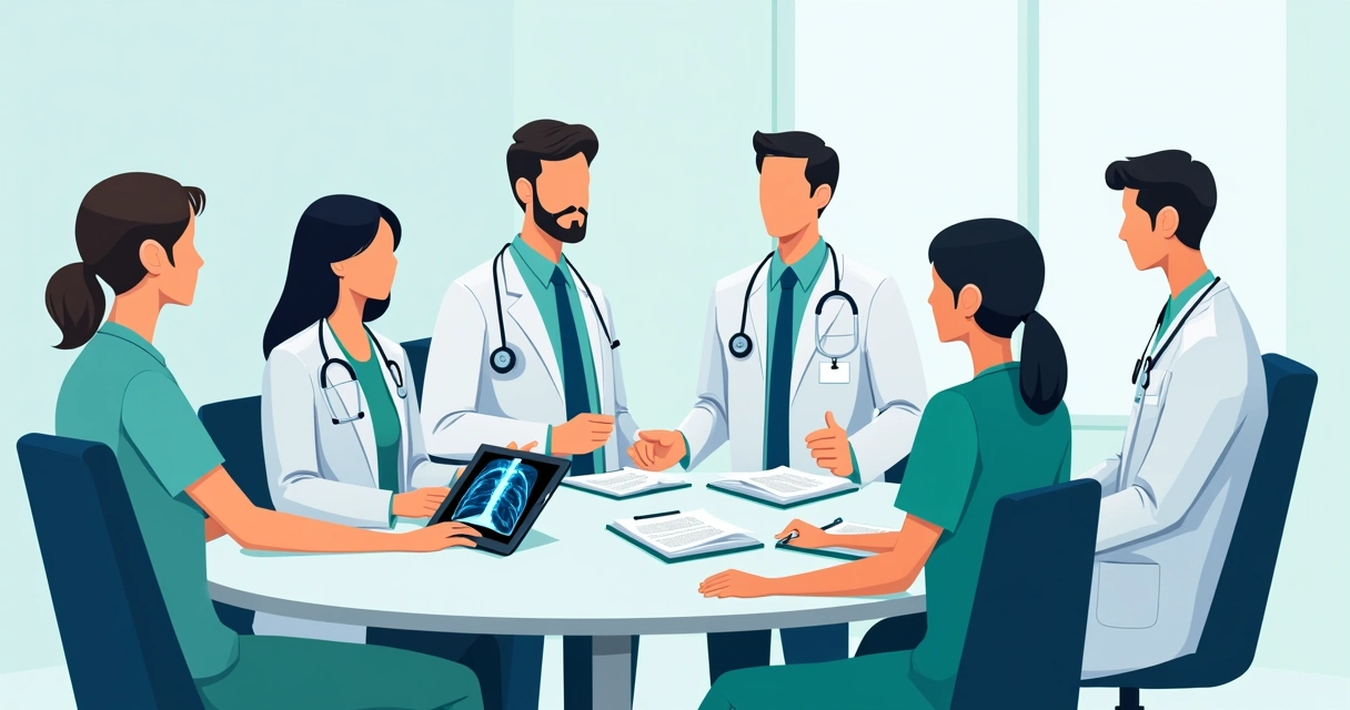 Reconhecimento e manejo da eosinofilia pulmonar por daptomicina 4 Equipe multidisciplinar em reunião discutindo caso clínico com laudos e exames