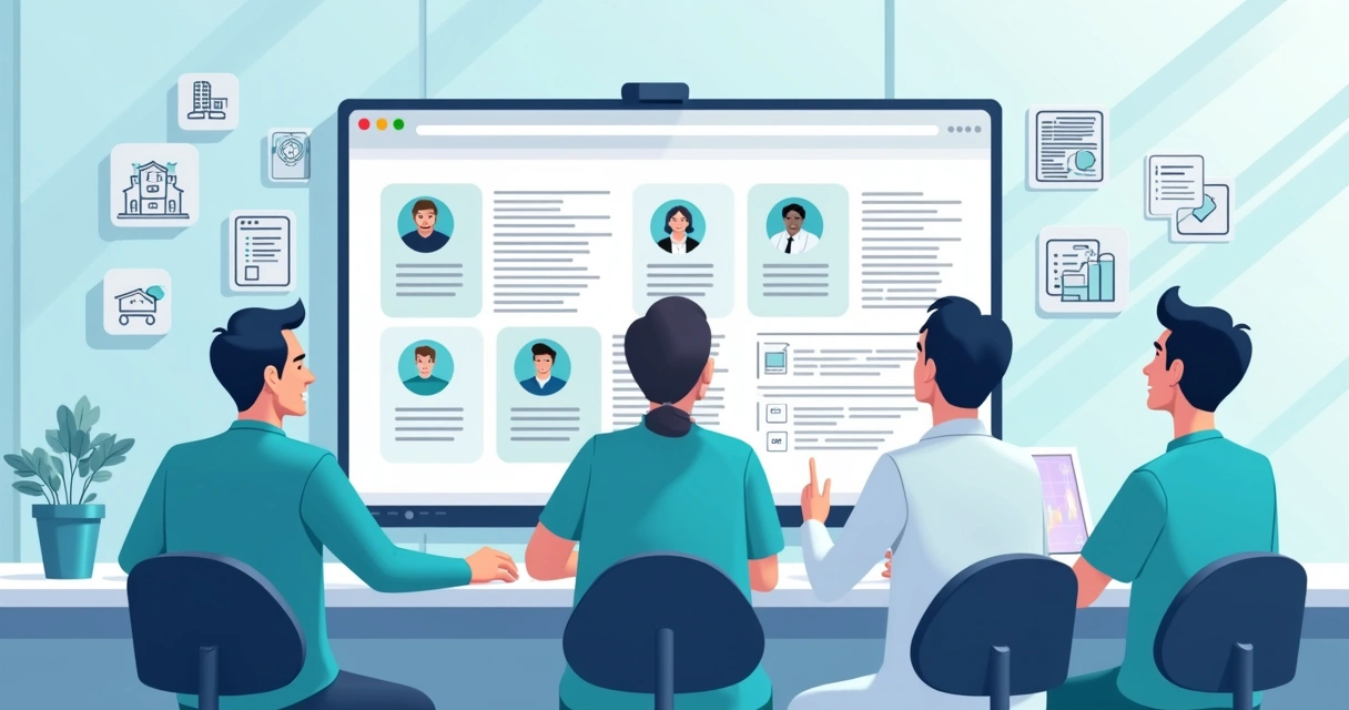 Profissionais de odontologia analisando perfis em uma tela 