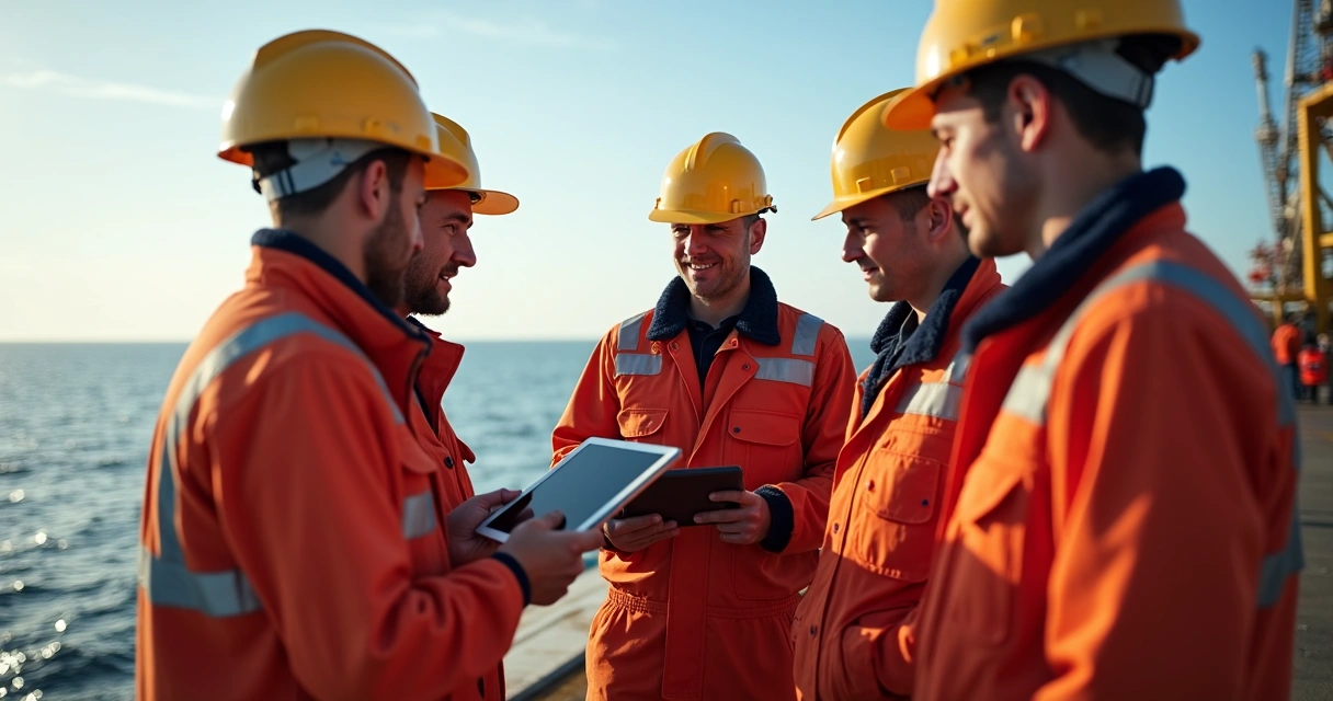 Equipe offshore usando EPI em área industrial consultando tablet 