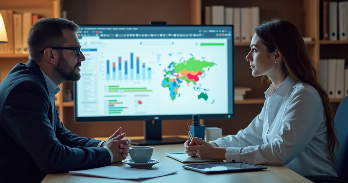 Dois peritos discutindo frente a frente, computador com gráficos ao fundo 