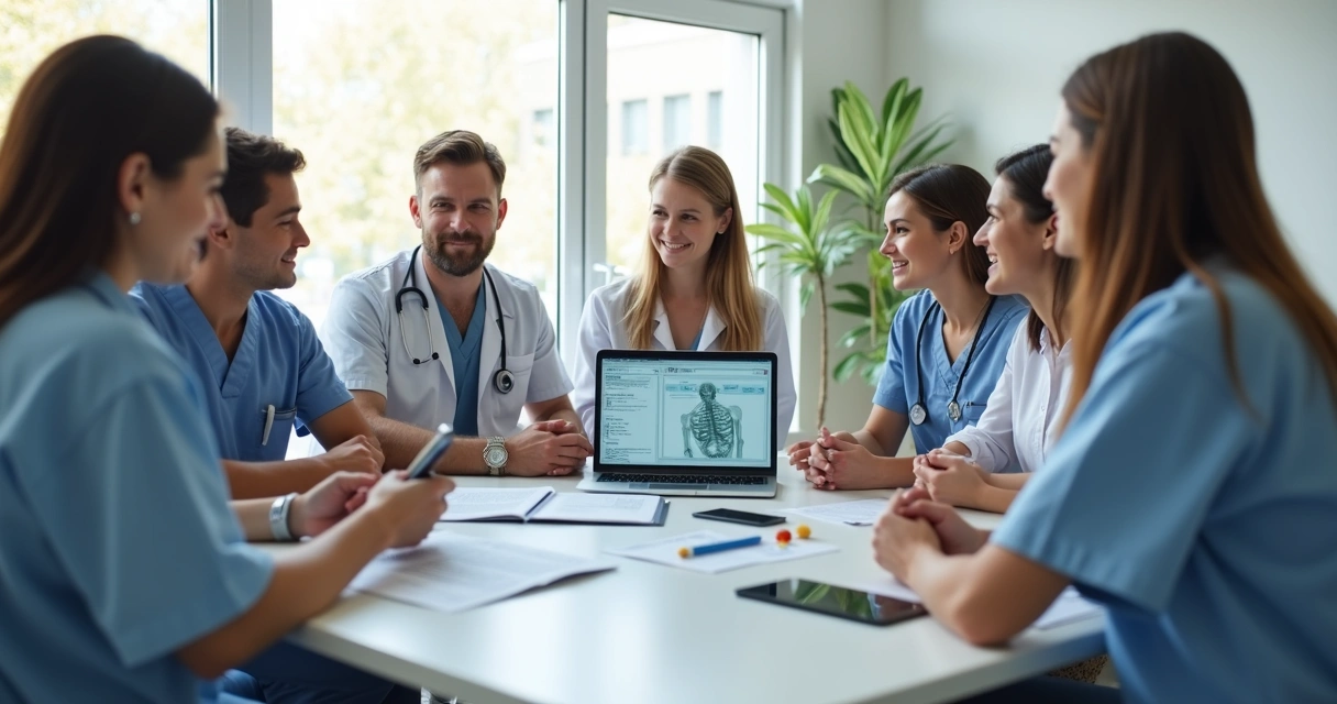 Profissionais de reabilitação reunidos em uma sala discutindo prontuário digital 