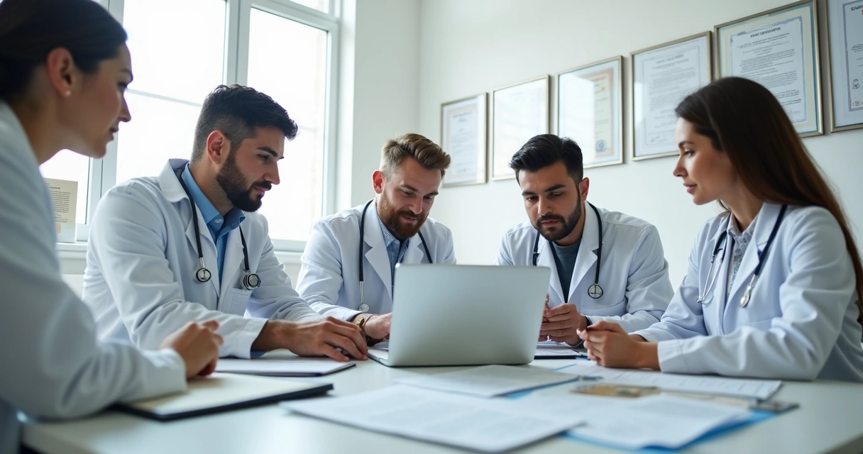 Equipe médica ao redor de uma mesa revisando documentos de CNES 