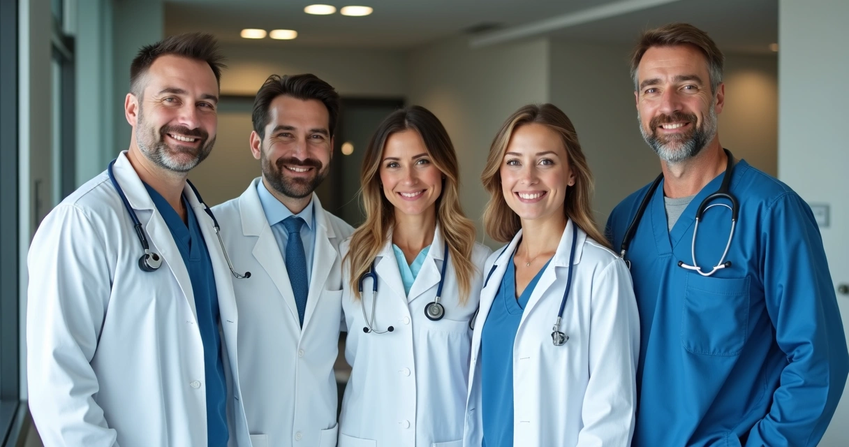 Equipe multidisciplinar de profissionais de saúde em uma clínica 