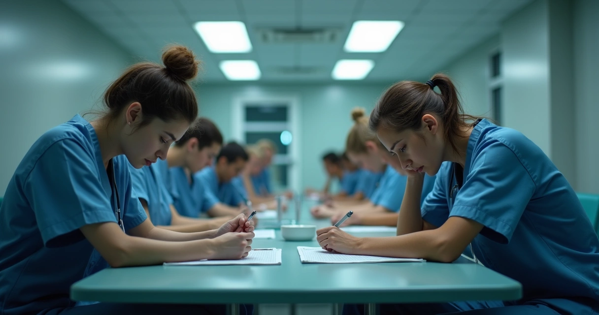 Equipe de saúde exausta em sala de descanso hospitalar 