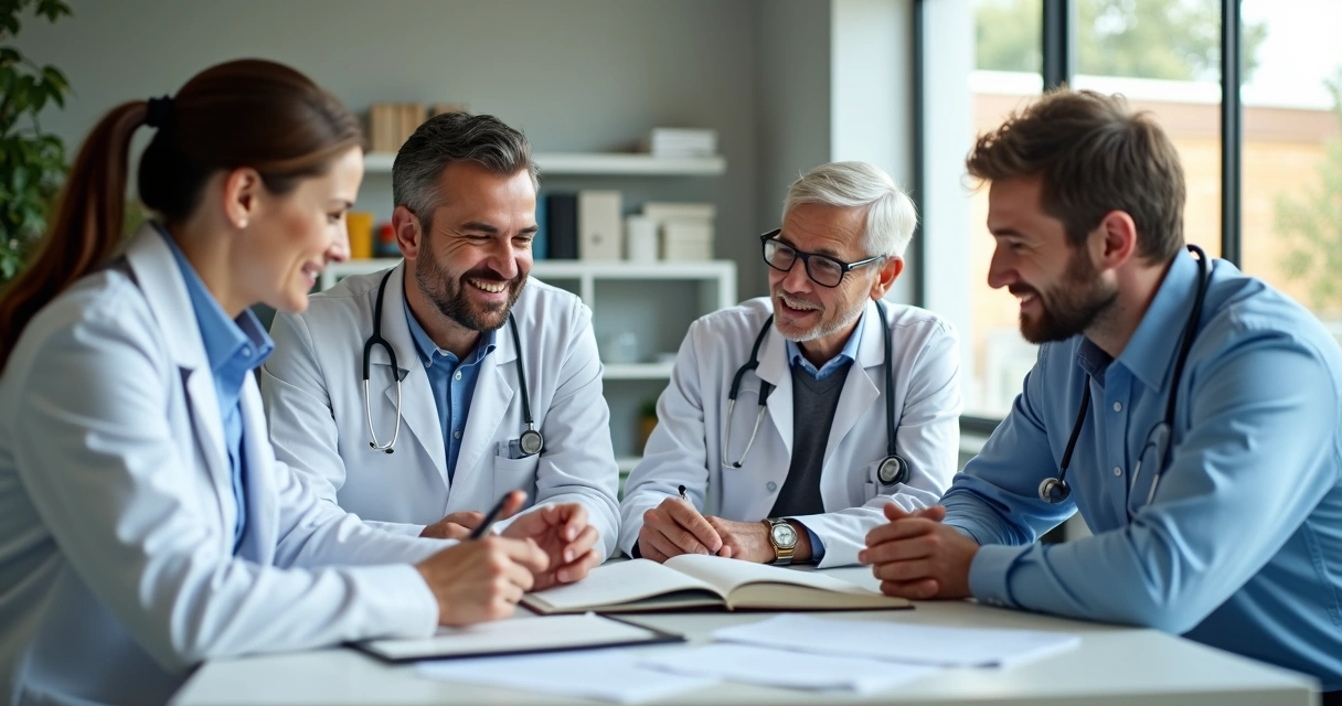 Profissionais de saúde lendo livro de direito médico 