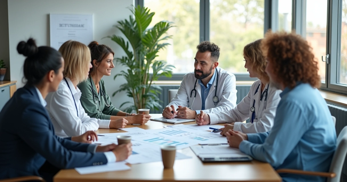 Equipe de gestão e médicos em reunião de análise de documentos 