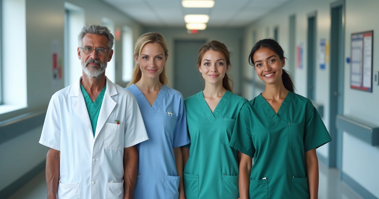 Equipe de profissionais da saúde comparando uniformes hospitalares novos e desgastados em corredor de hospital 
