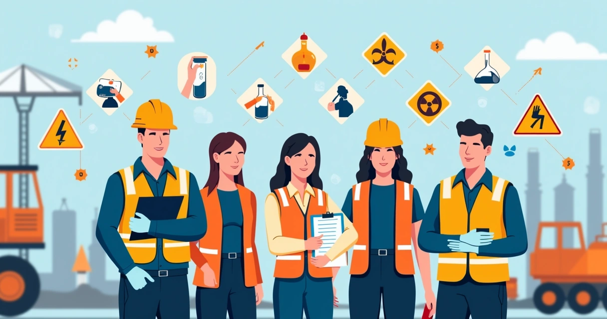 Equipe de profissionais de segurança do trabalho utilizando equipamentos de proteção em ambiente industrial ilustrado 