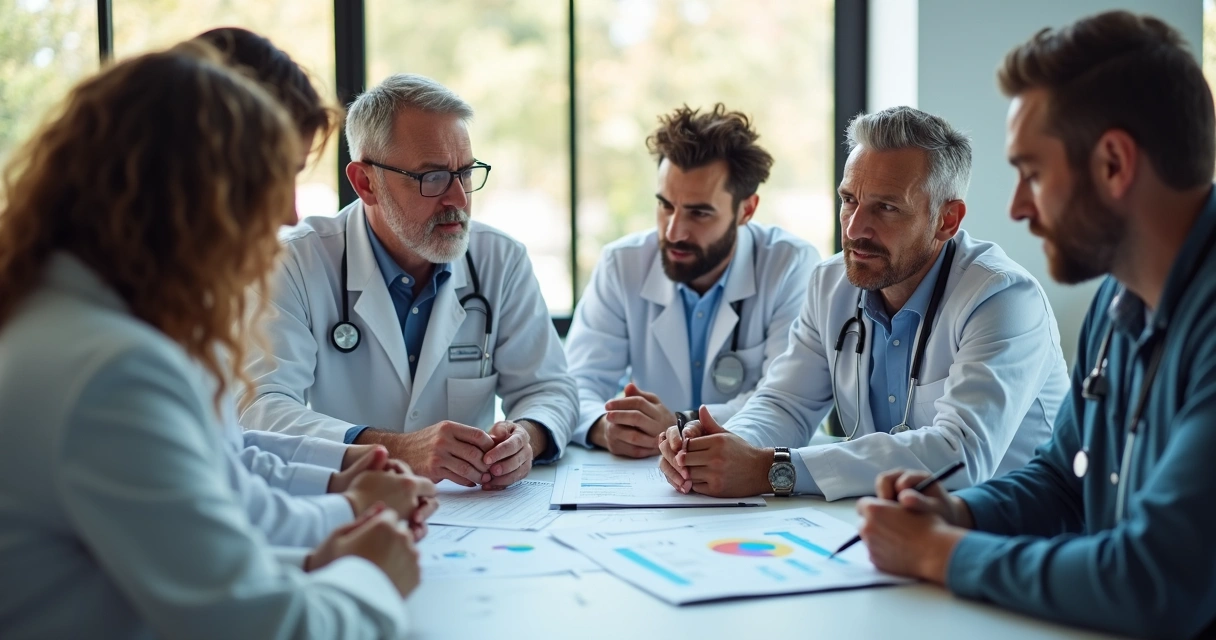 Profissionais técnicos de diferentes áreas reunidos em uma sala de reunião, discutindo estratégias juntos