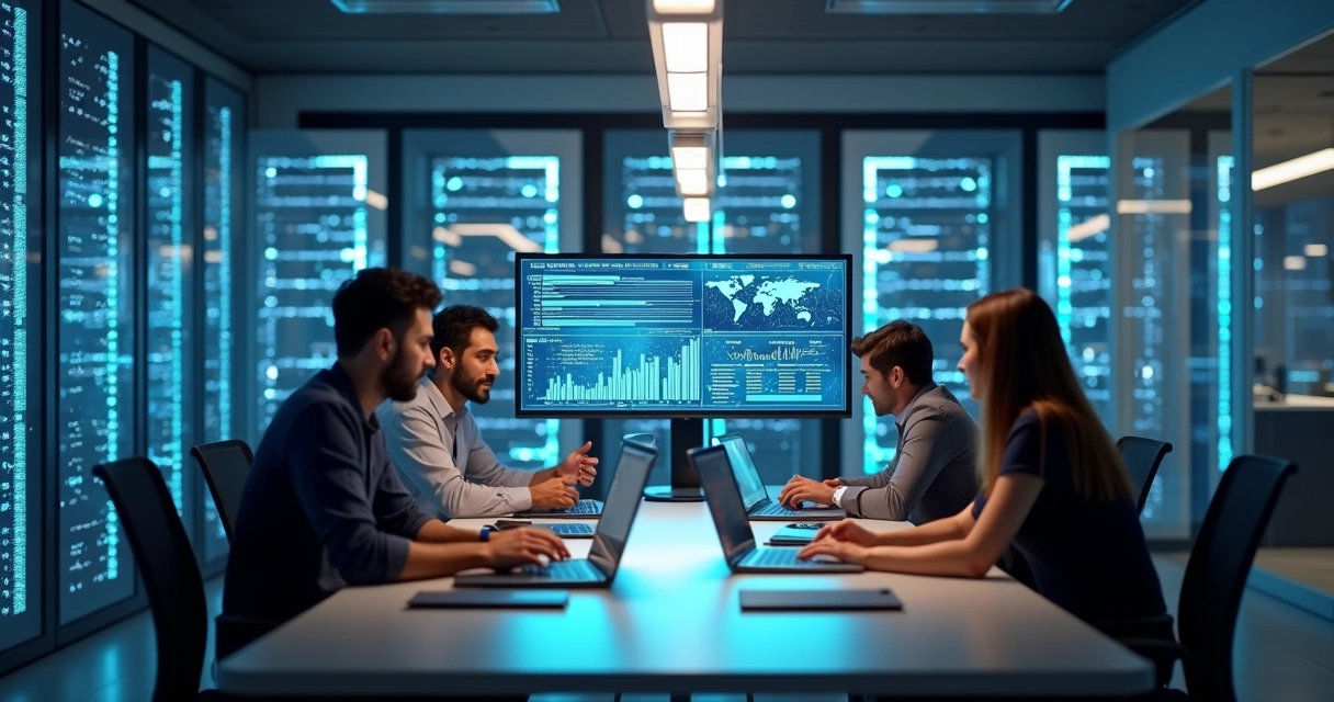Equipe de profissionais de TI colaborando em escritório moderno com computadores e servidores