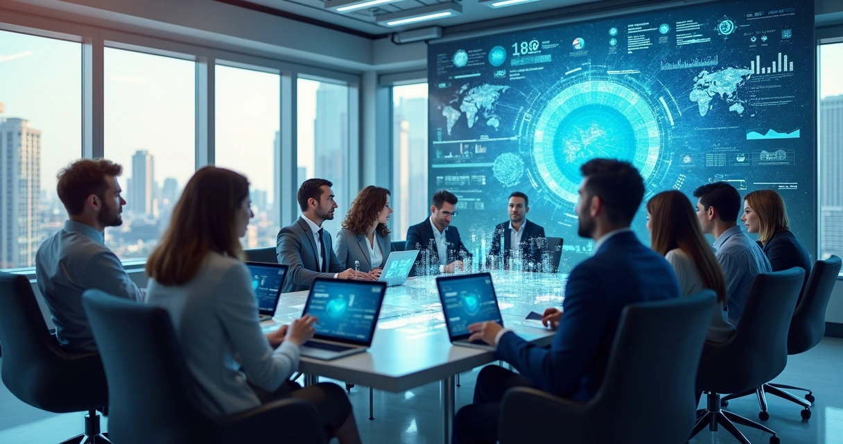 Profissionais trabalhando com tecnologia avançada em escritório moderno e futurista 