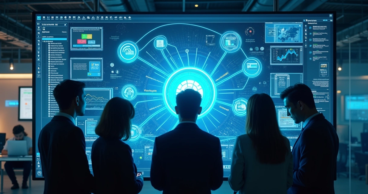 Profissionais de TI monitorando automações em painel digital 