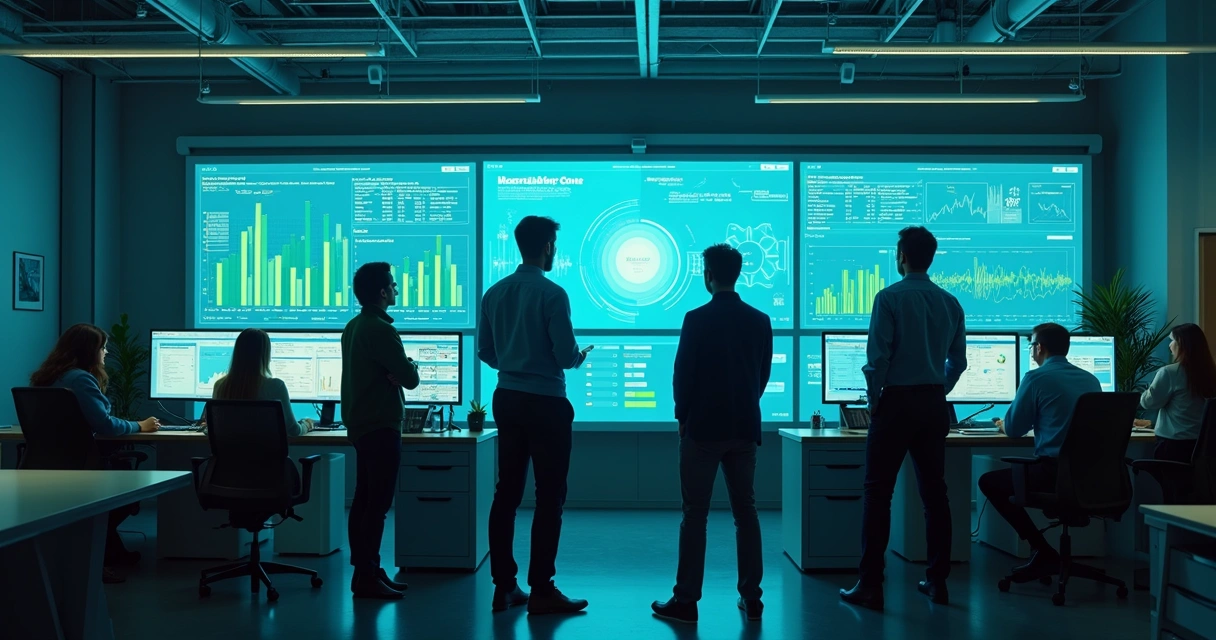 Profissionais analisando gráficos de IA em escritório moderno 