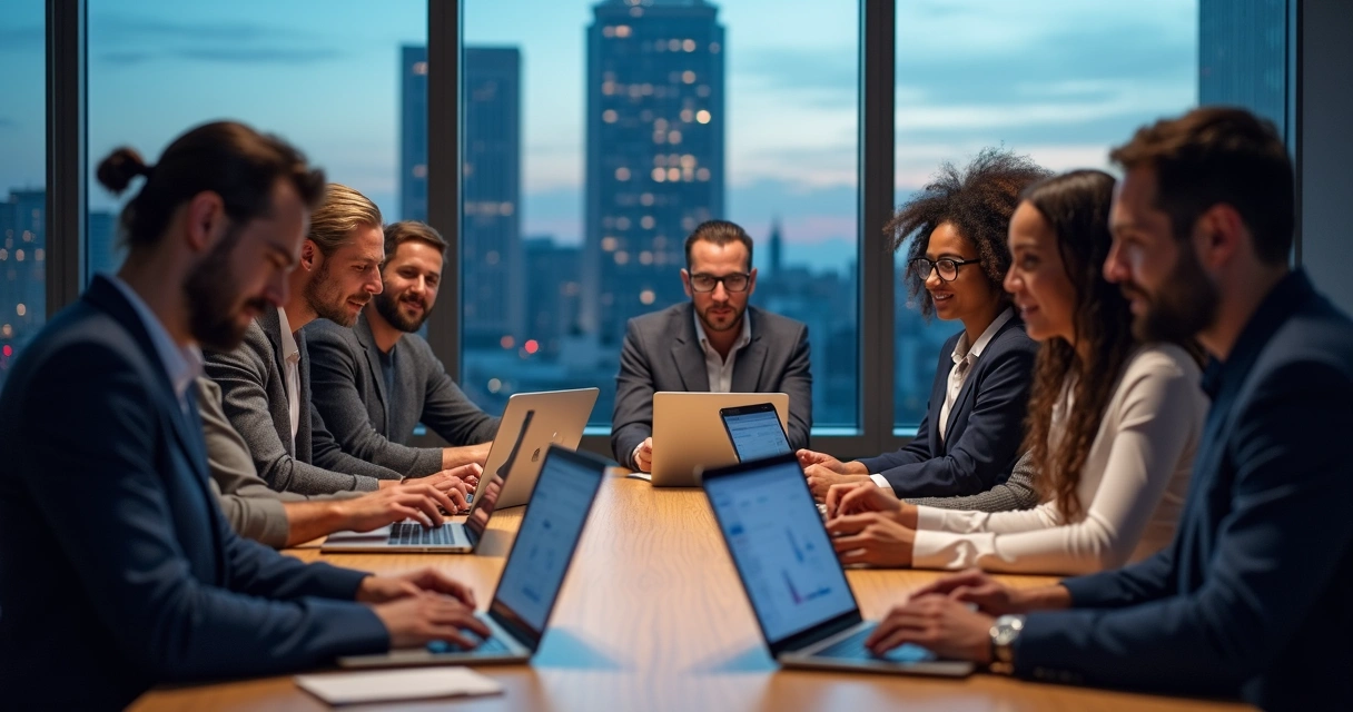 Equipe de planejadores financeiros colaborando em reunião digital
