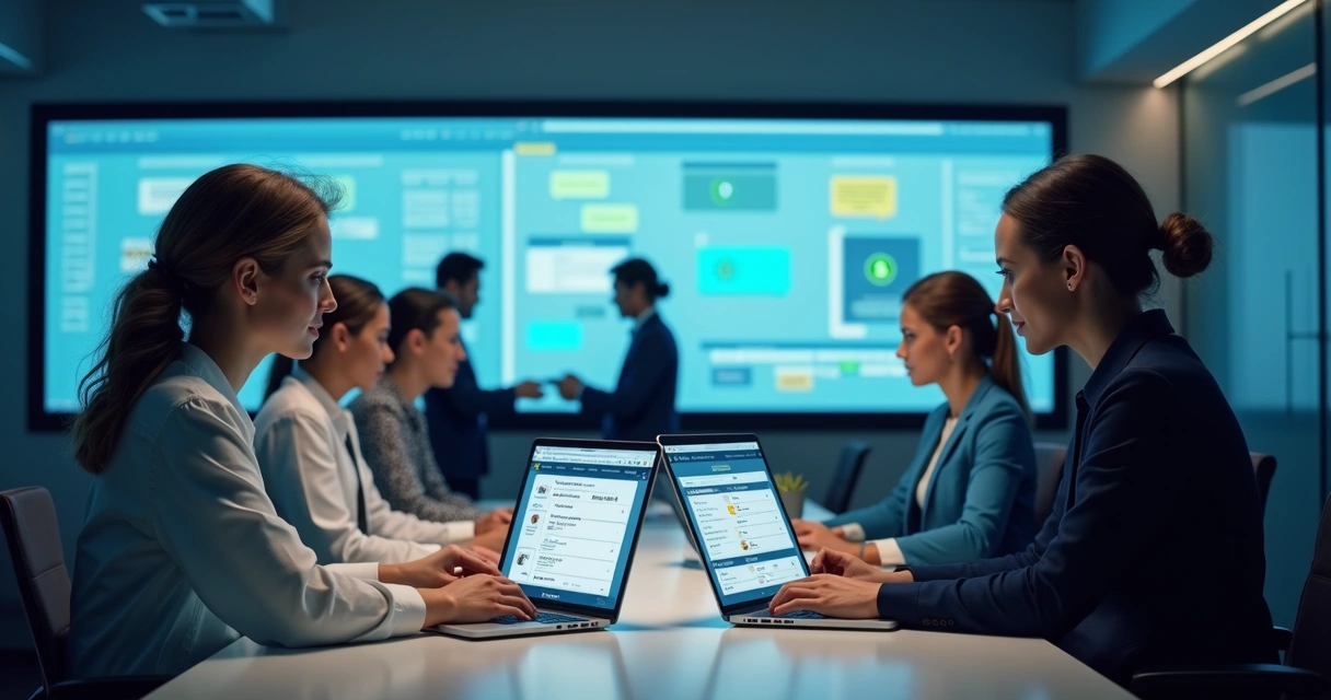 Diversos profissionais trabalhando com o WhatsApp Business visível nas telas