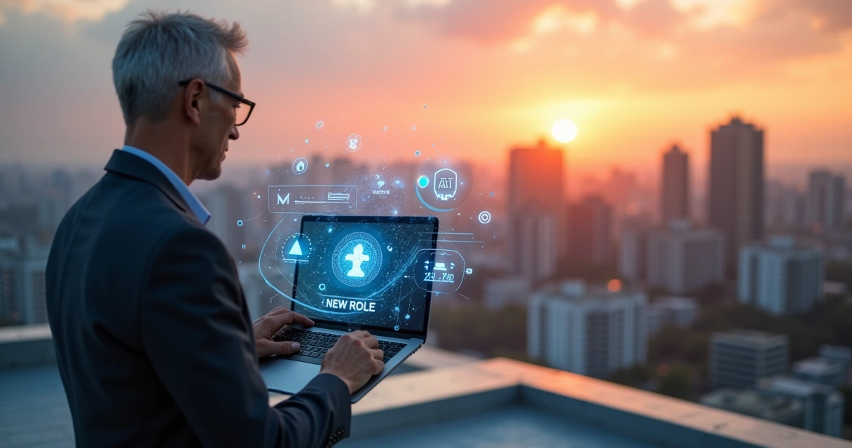Profissional 40+ observa projeção digital de carreira e inteligência artificial 