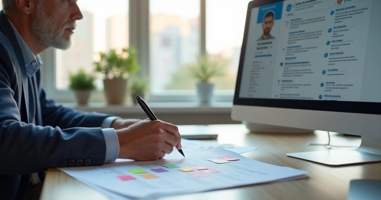 Profissional 40+ revisando currículo impresso ao lado de perfil do LinkedIn na tela 