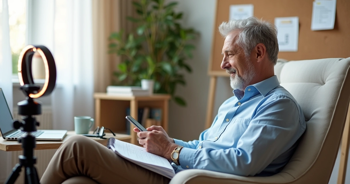 Profissional 50 mais em estúdio caseiro simples preparando conteúdo digital 