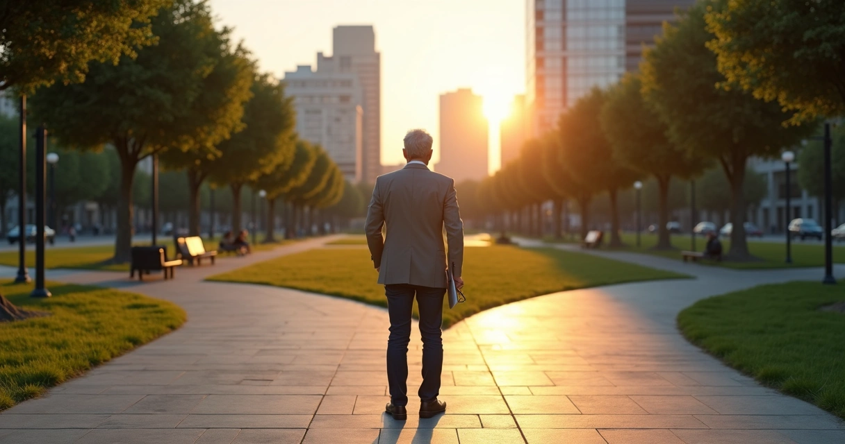 Profissional 50 mais de costas diante de encruzilhada com ícones digitais ao fundo 