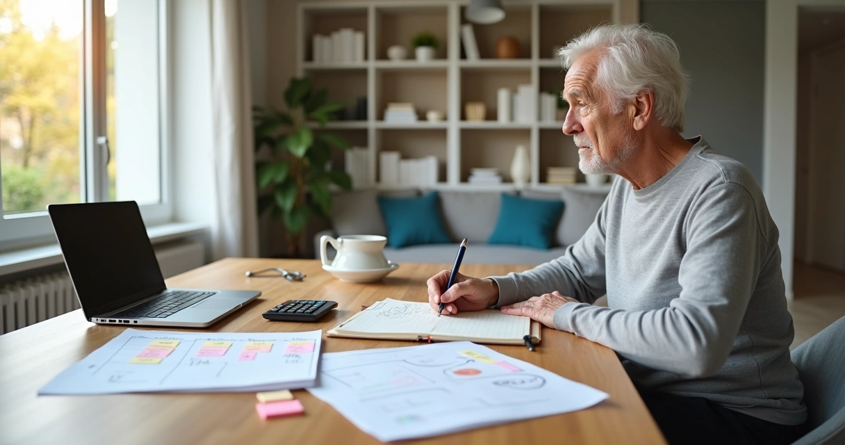 Profissional 50 mais organizando plano de renda digital em casa 