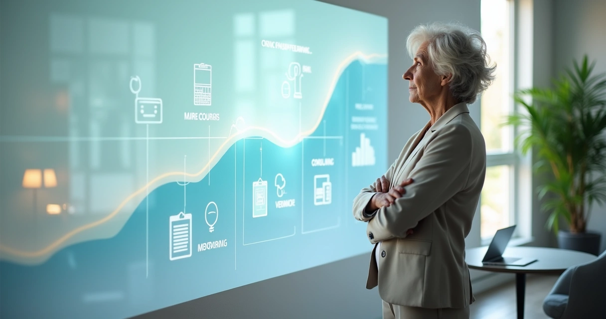 Profissional 50 mais observando sua trajetória projetada em gráficos de conhecimento e renda 