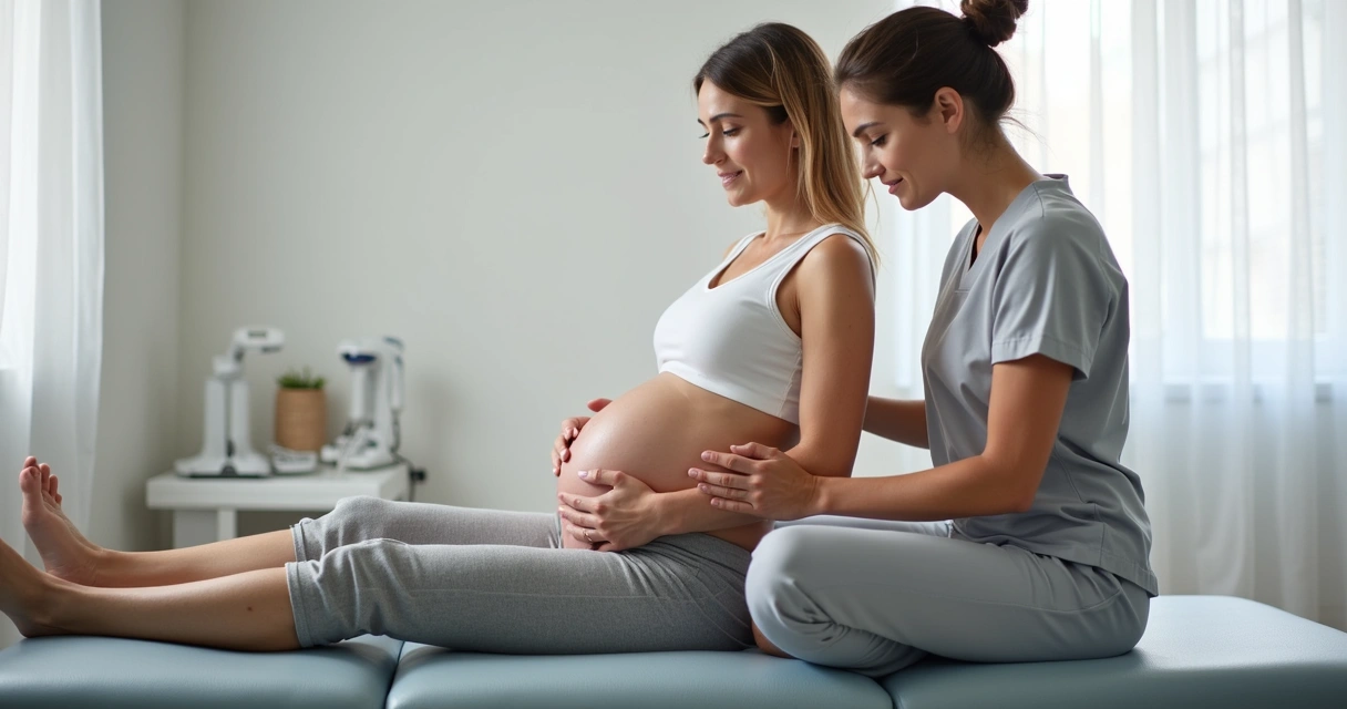 Profissional ajustando postura de gestante em sessão presencial de fisioterapia 