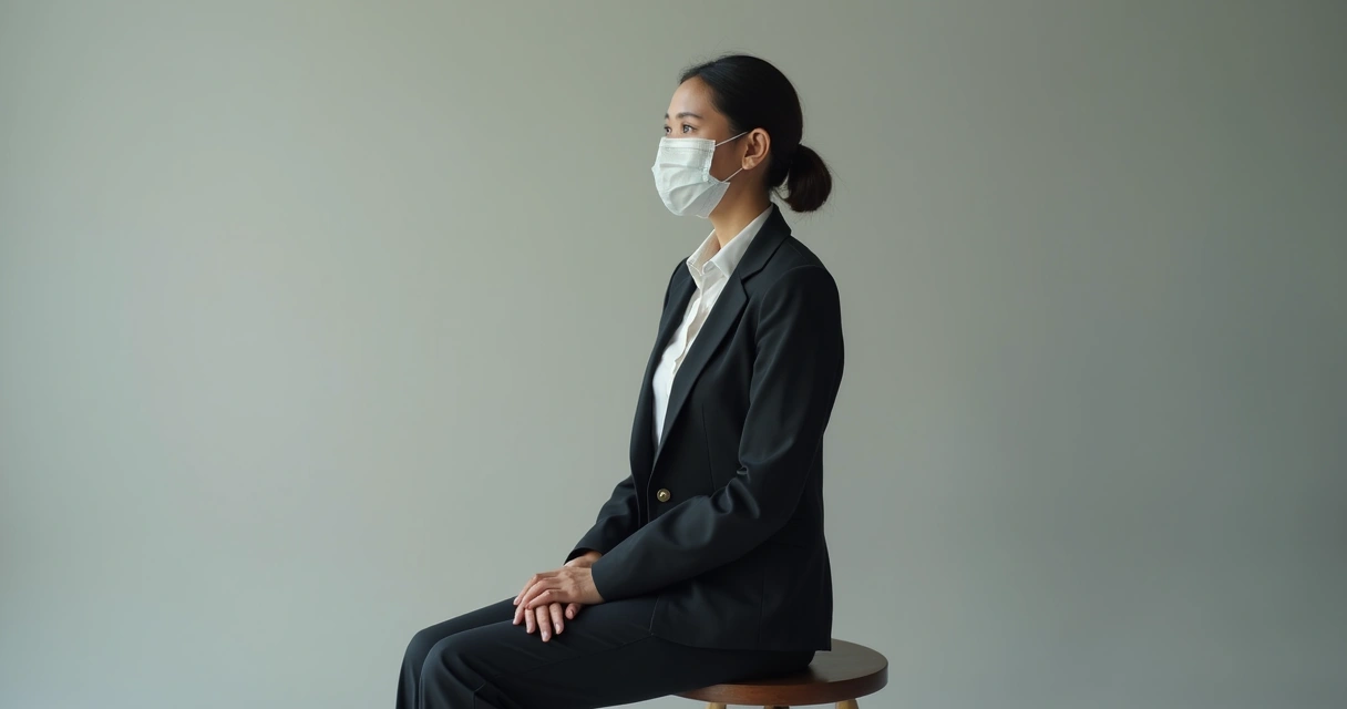 Mulher de perfil sentada olhando para frente em estúdio, com fundo neutro, usando máscara discreta, luz suave e sem mostrar detalhes pessoais 