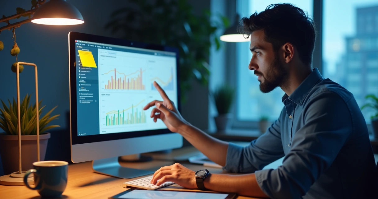 Profissional ajustando campanha digital em monitor moderno 