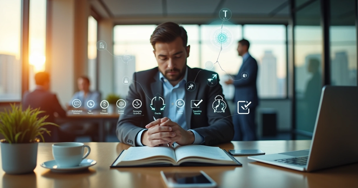 Profissional em escritório refletindo diante de painel com metas e conexões entre mente e ação 