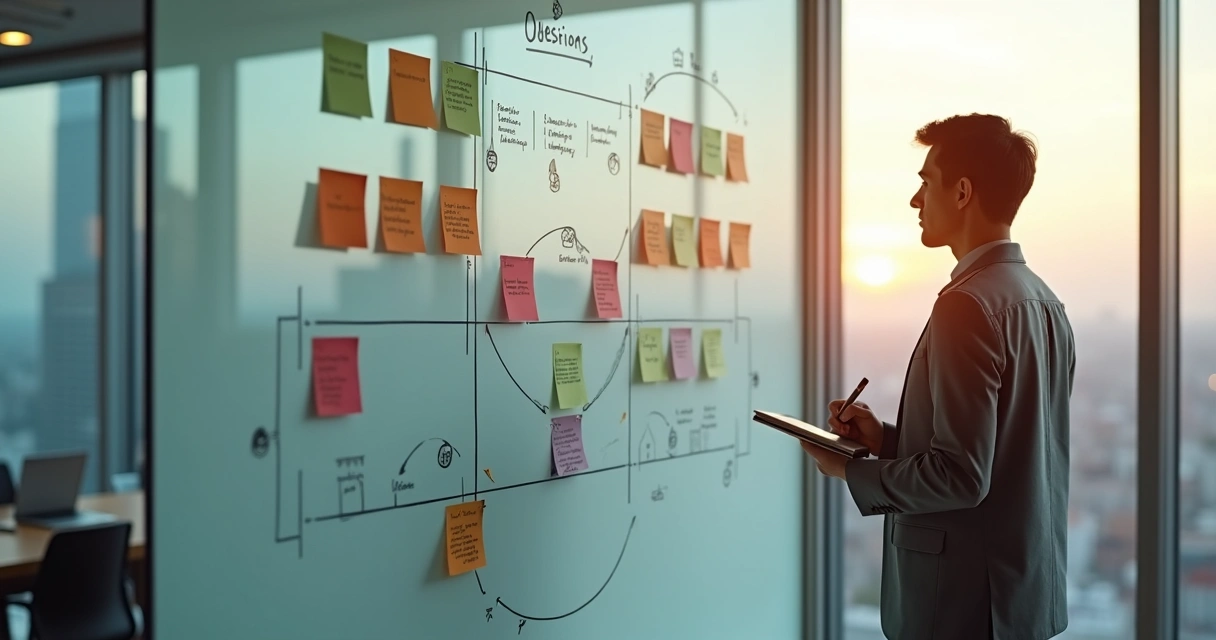 Profissional analisa mural de projeto social com perguntas e conexões ocultas 