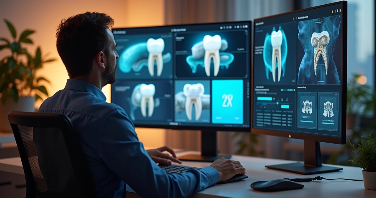 Profissional de marketing digital analisando tela com anúncios de implante dentário e gráficos de desempenho detalhados 